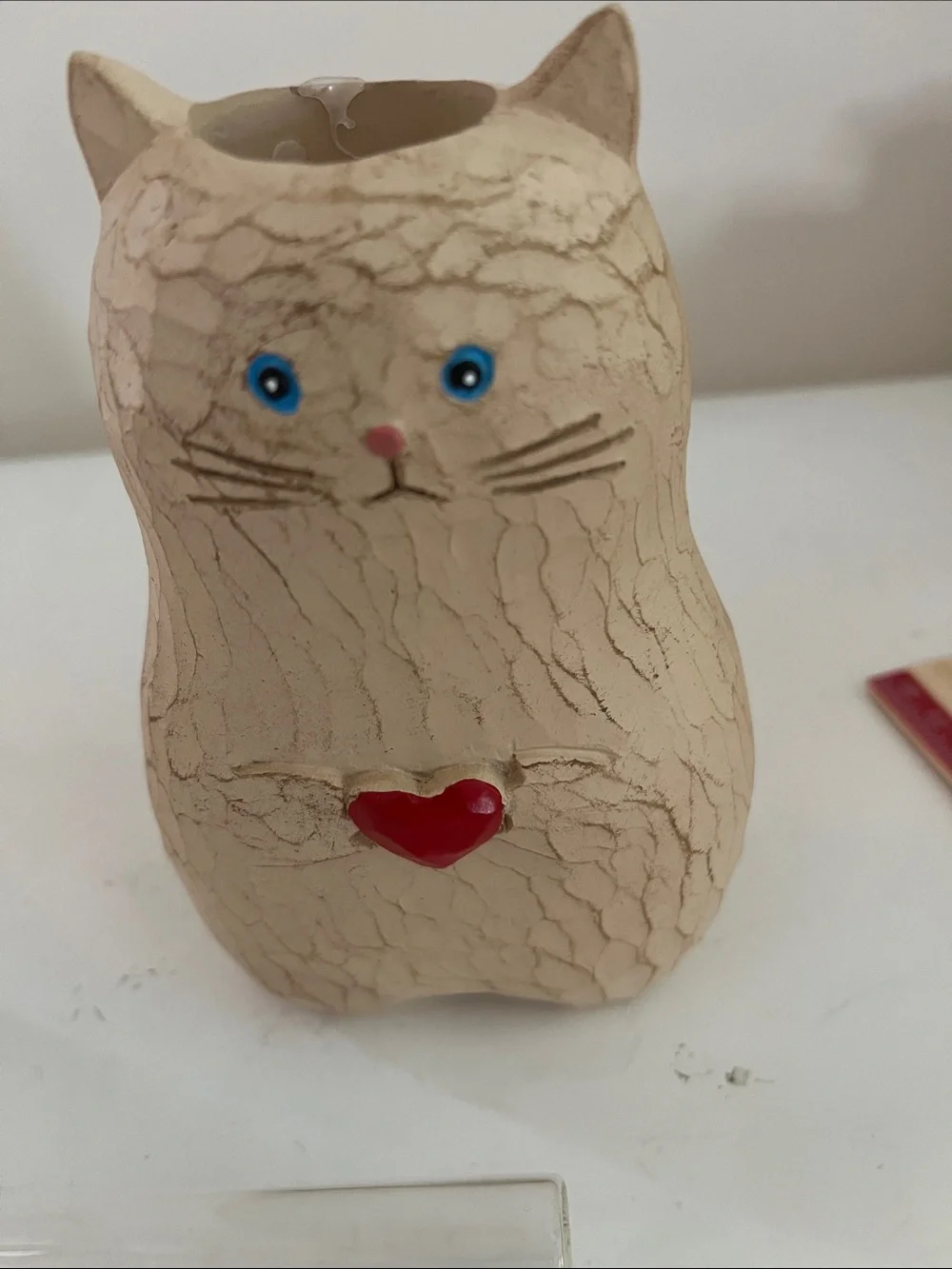 (2) Cat Shaped Resin Bud Vases in tan with red heart trim